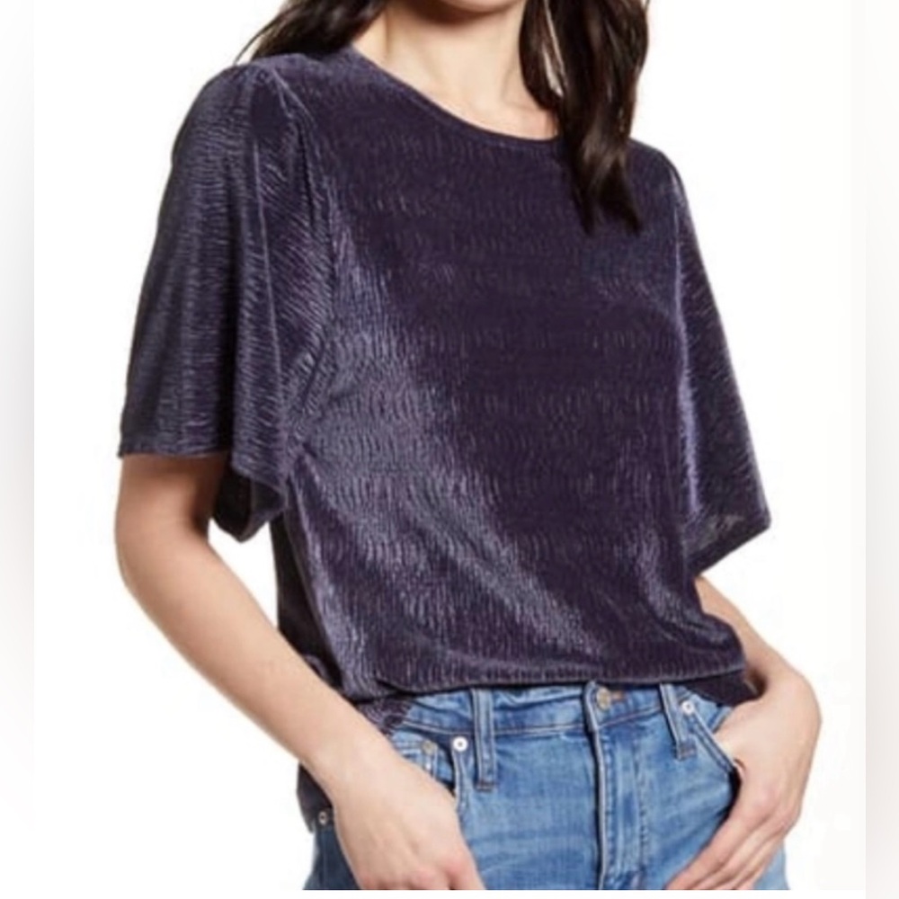 Madewell Crinkle Velvet Flutter Sleeve Top Blue Texture & Thread